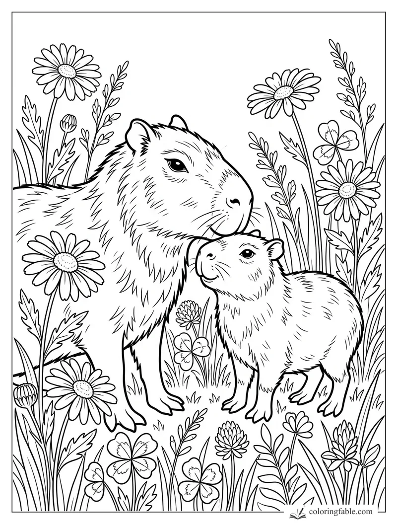 Adult capybara nuzzling a baby capybara among daisies, clover blossoms, and tall meadow grass.