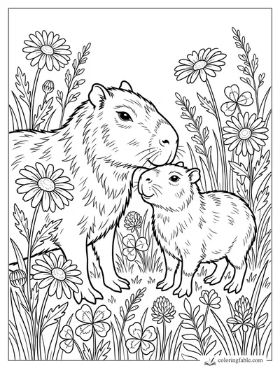 Adult capybara nuzzling a baby capybara among daisies, clover blossoms, and tall meadow grass.