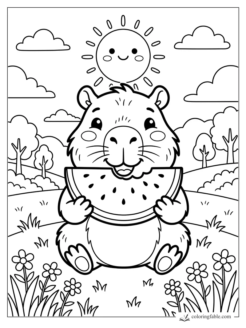 Cartoon capybara holding a watermelon slice in a sunny flower meadow with clouds and trees.