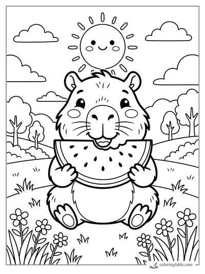 Cartoon capybara holding a watermelon slice in a sunny flower meadow with clouds and trees.