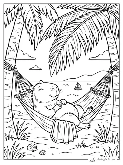 Smiling capybara resting in a hammock between palm trees by the ocean with shells and a sailboat.
