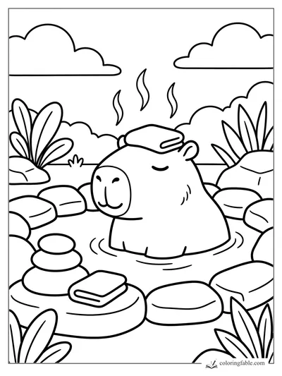 Cozy capybara in a hot spring with a towel on its head, books, stones, plants, clouds, and steam.