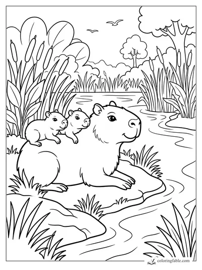 Capybara carrying two pups by a winding marsh stream with cattails, trees, and birds.