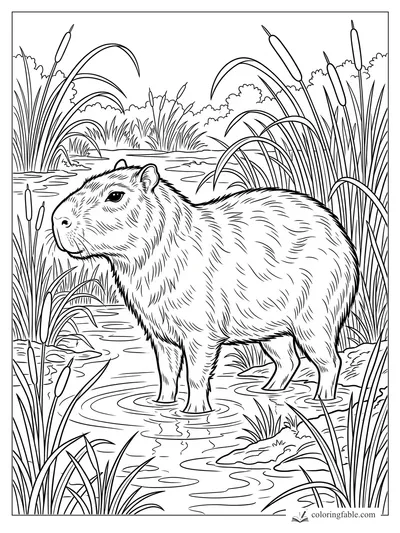 Realistic capybara standing in shallow marsh water surrounded by tall cattails and grasses