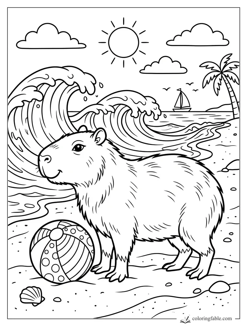 Capybara beside a striped beach ball with crashing waves, sailboat, palm tree, sun, clouds, and shell.