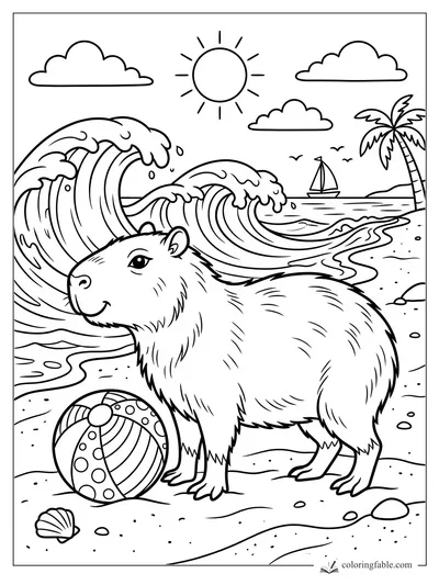 Capybara beside a striped beach ball with crashing waves, sailboat, palm tree, sun, clouds, and shell.