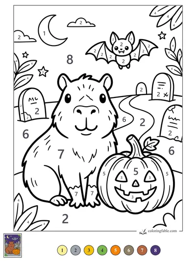 Capybara with Jack-o’-Lantern in a Moonlit Graveyard — color by number