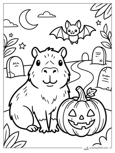 Easy capybara coloring page with a smiling jack-o’-lantern, bat, crescent moon, stars, and gravestones.