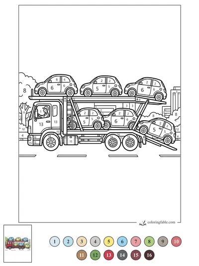 Car Carrier Loading Six Compact Cars — color by number