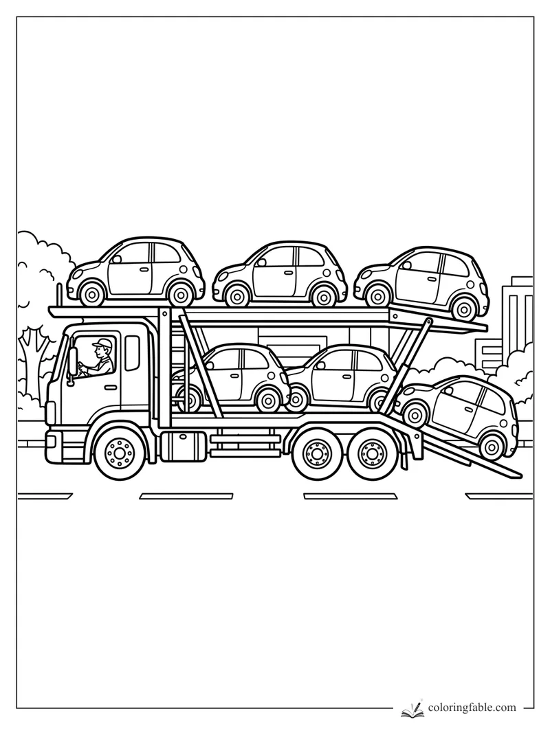 Car carrier truck hauling six small cars on two decks, with driver, ramps, city trees, and buildings.