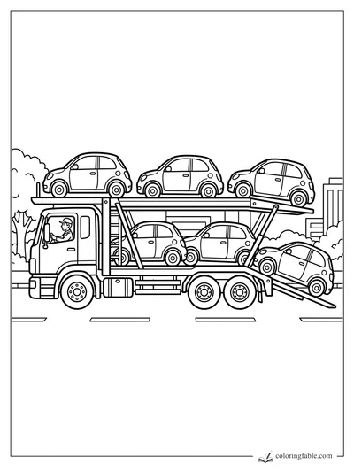 Car carrier truck hauling six small cars on two decks, with driver, ramps, city trees, and buildings.