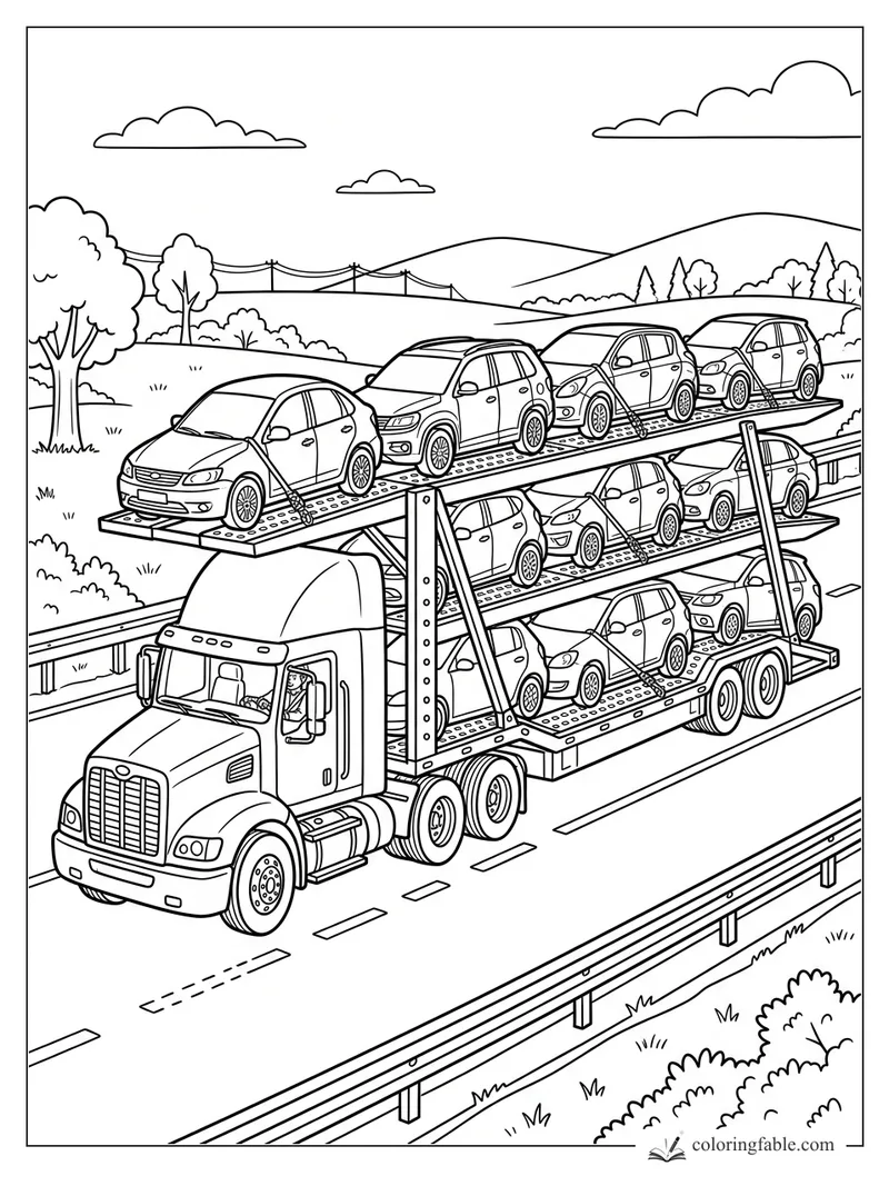 Coloring page of a car carrier truck hauling cars on a highway through hills and trees
