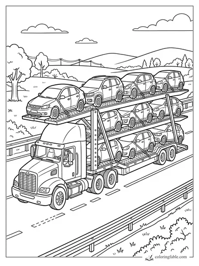 Coloring page of a car carrier truck hauling cars on a highway through hills and trees