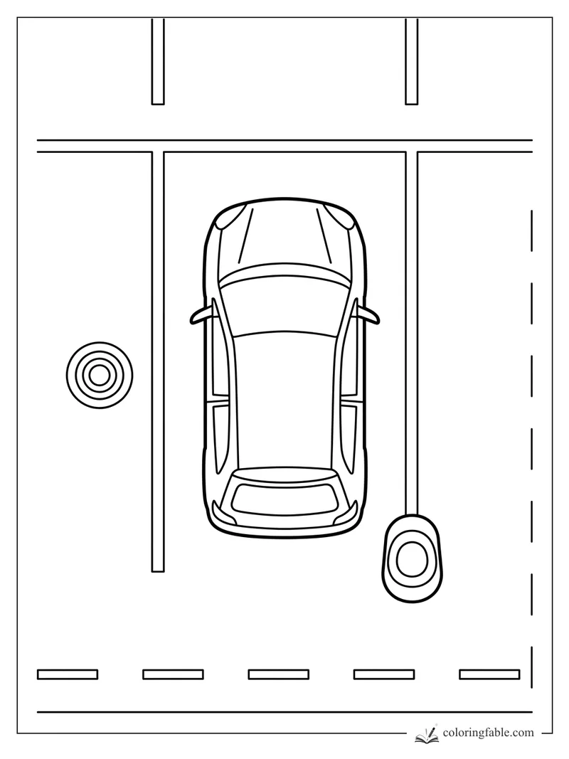Top view of a car parked in a marked space beside a road with dashed lane lines and round signs.