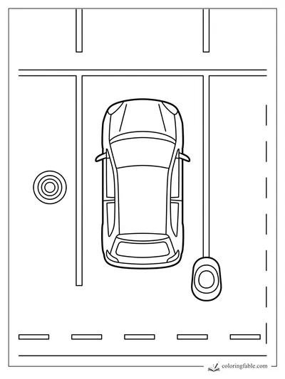 Top view of a car parked in a marked space beside a road with dashed lane lines and round signs.