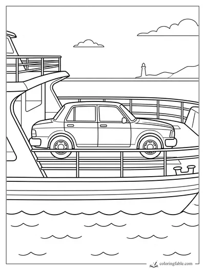 Car on a ferry deck with railings, waves, clouds, distant hills, and a small lighthouse