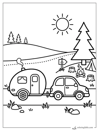 Cartoon car towing a camper by a tent, campfire, pine trees, hills, and sun