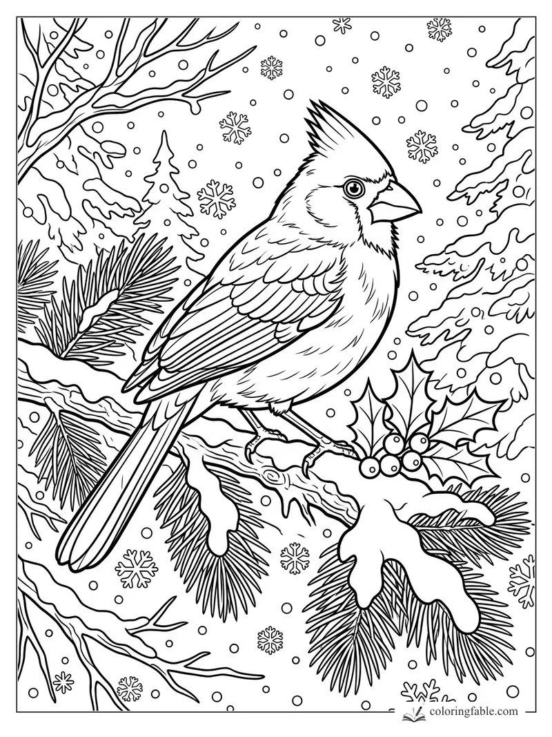 Cardinal perched on a snowy pine branch with holly berries, bare twigs, evergreens, and falling snowflakes.