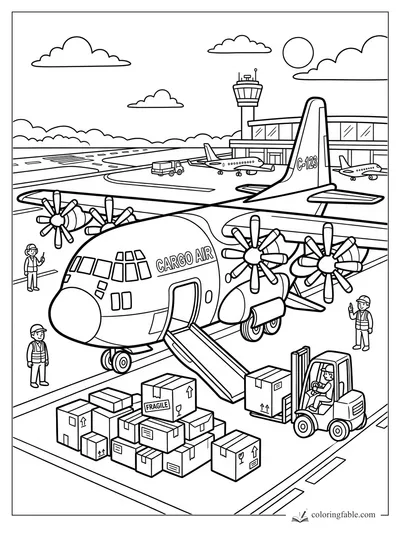 Cartoon cargo airplane being loaded with boxes by forklift at an airport terminal and control tower.