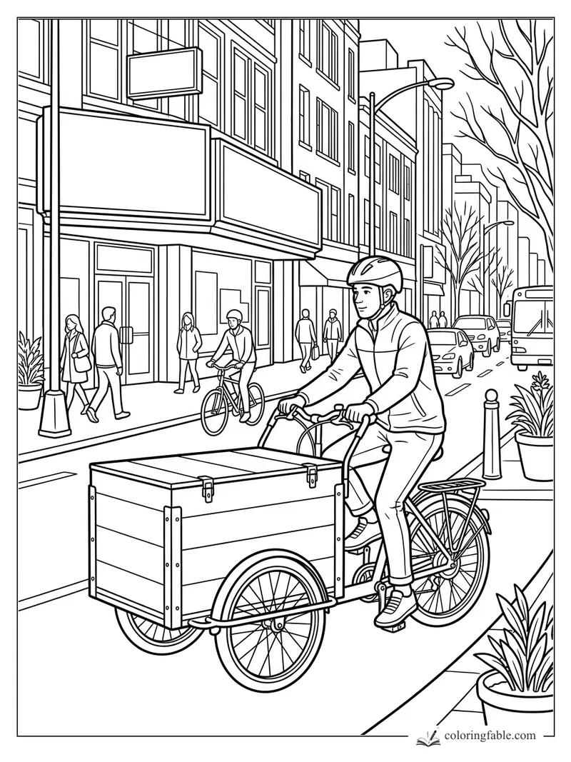 Cargo bike rider pedaling past storefronts, pedestrians, cars, bus, bare trees, and sidewalk planters