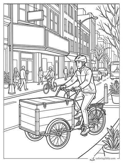 Cargo bike rider pedaling past storefronts, pedestrians, cars, bus, bare trees, and sidewalk planters