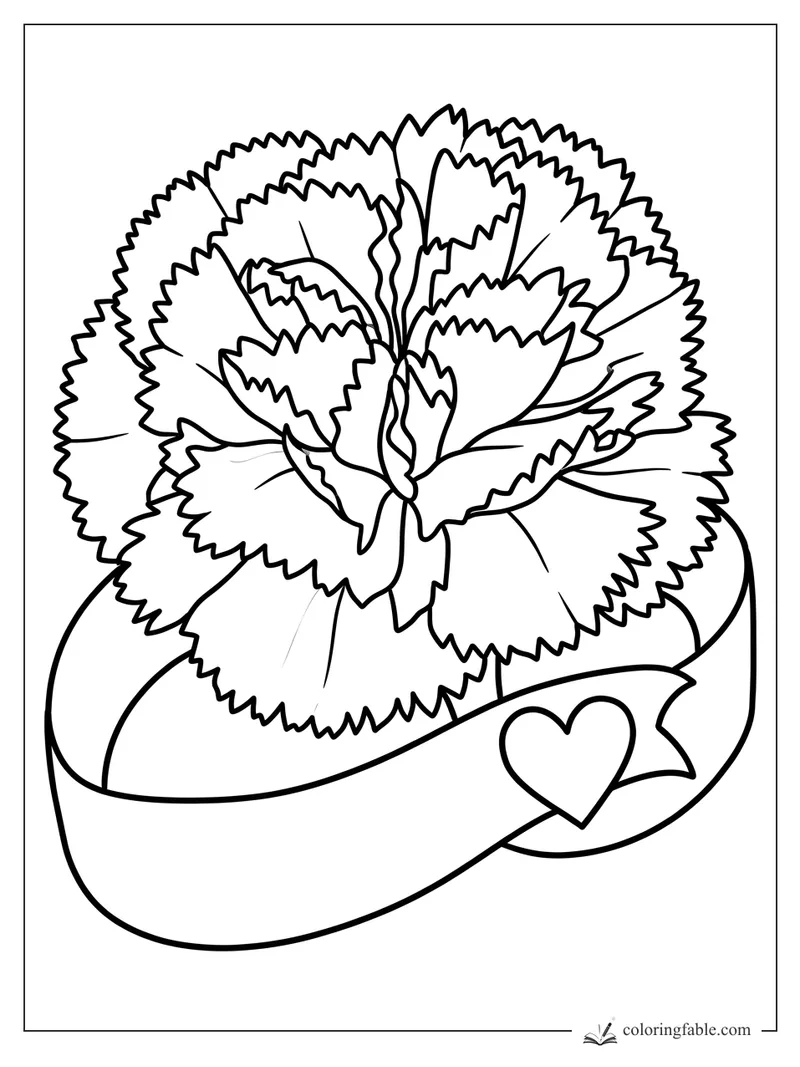 Carnation coloring page with jagged petals, curved ribbon band, and heart tag