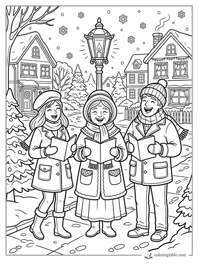 Three Christmas carolers sing from songbooks under a glowing streetlamp on a snowy village street.