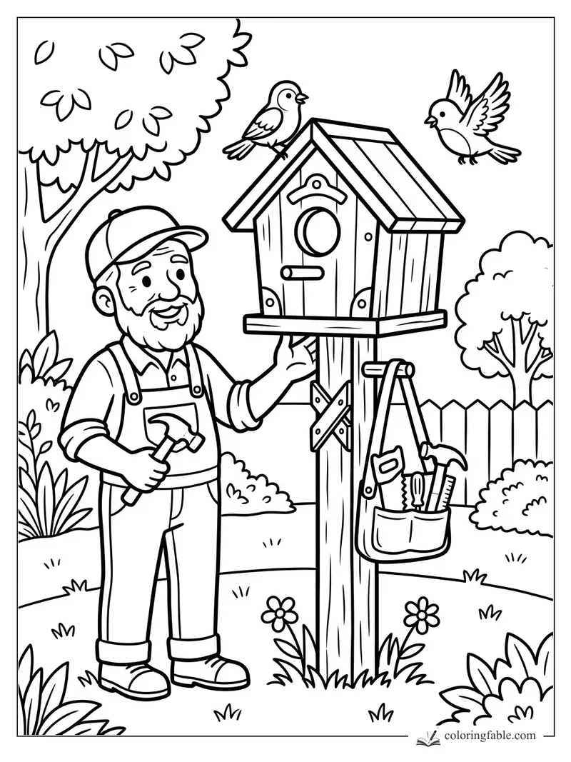 Smiling carpenter with hammer hangs a birdhouse while two birds wait in a garden.