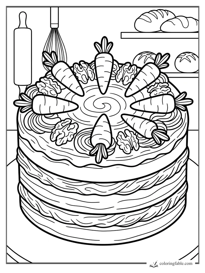 Carrot layer cake topped with frosting swirls and walnuts, with a whisk, rolling pin, and bread shelves behind it