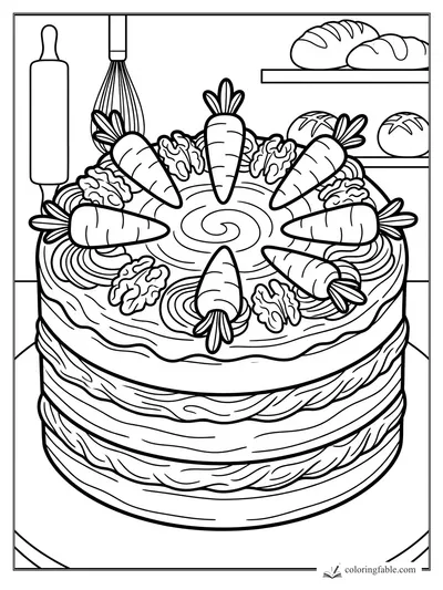 Carrot layer cake topped with frosting swirls and walnuts, with a whisk, rolling pin, and bread shelves behind it