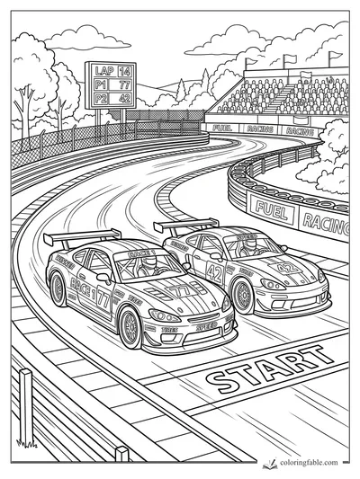 Race cars 77 and 42 at a start line with scoreboard, grandstand, flags, and curving track