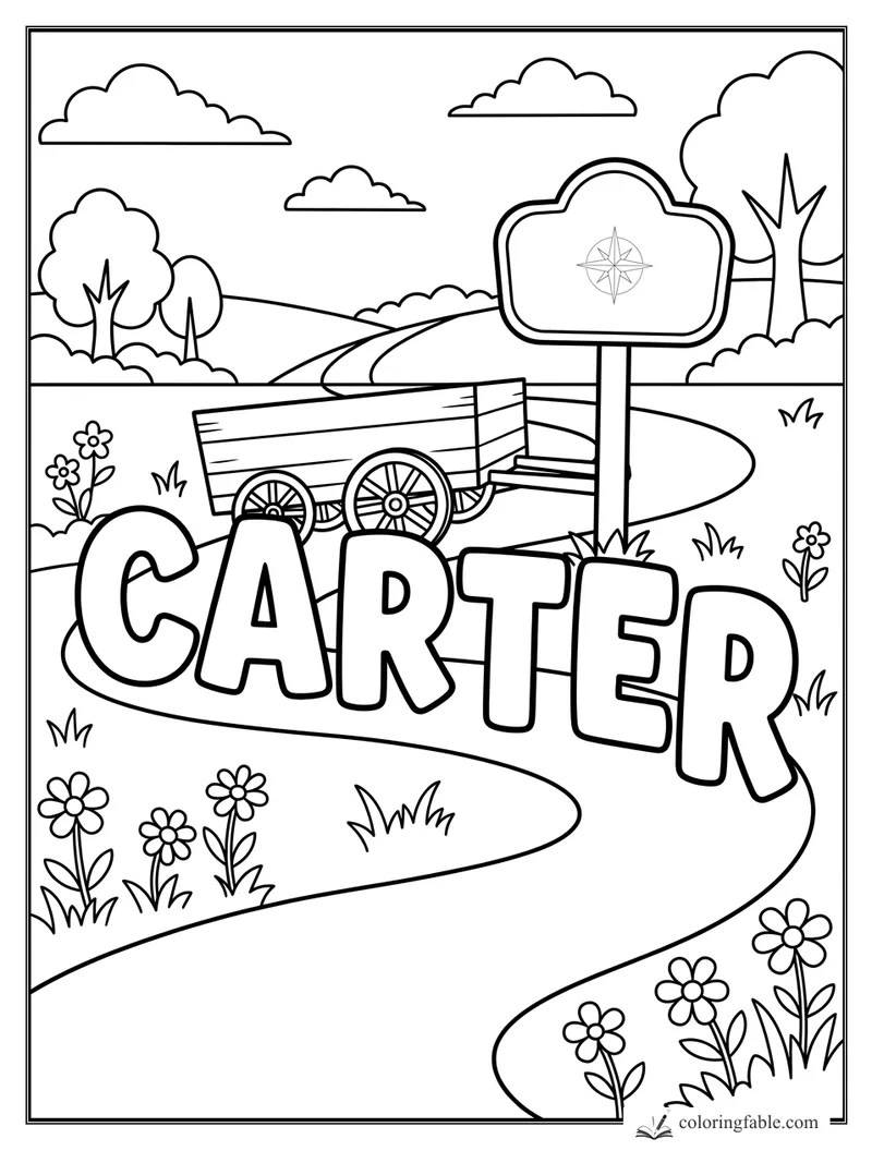 Carter name coloring page with a wooden wagon, compass sign, winding road, trees, clouds, and flowers.