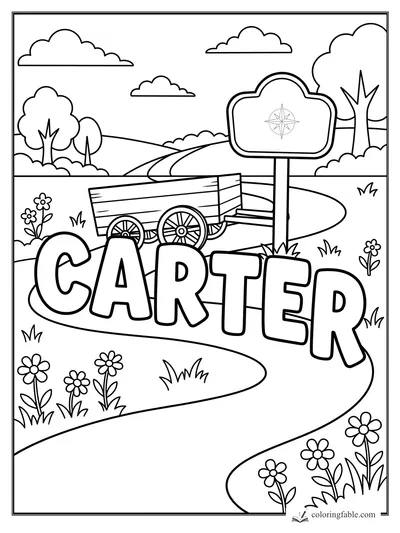 Carter name coloring page with a wooden wagon, compass sign, winding road, trees, clouds, and flowers.