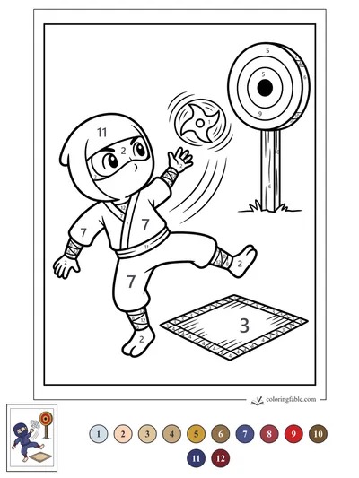 Cartoon Ninja Tossing a Spinning Shuriken — color by number