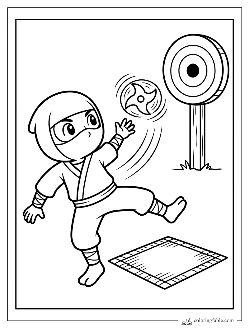 Cartoon ninja balancing on one foot while throwing a spinning shuriken at a target post