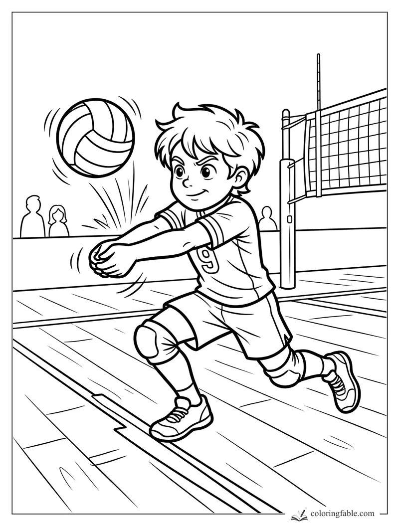 Cartoon boy volleyball player lunges for a bump beside the net on an indoor court.