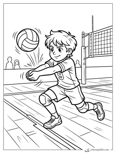 Cartoon boy volleyball player lunges for a bump beside the net on an indoor court.