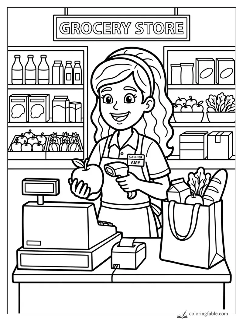 Cashier Amy scanning an apple at a grocery store checkout with shelves, produce, and a full bag.