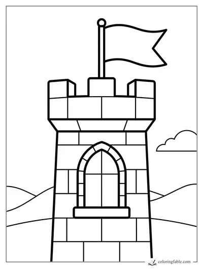 Minimalist castle tower coloring page with arched window, brick blocks, hills, cloud, and waving flag