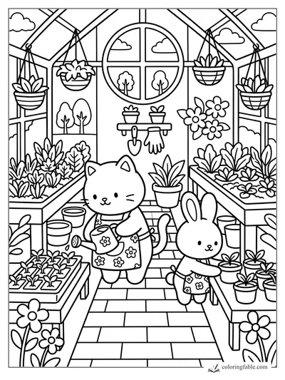Cat with watering can and bunny with seedling pots inside a glass greenhouse full of flowers.