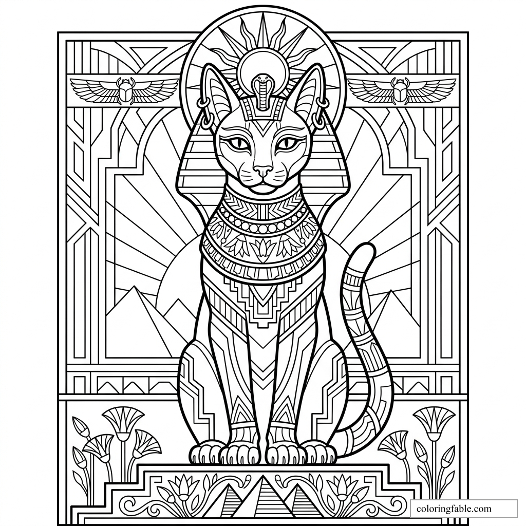 Art deco Egyptian cat with jeweled collar, sun disk, scarabs, pyramids, and lotus flowers coloring page