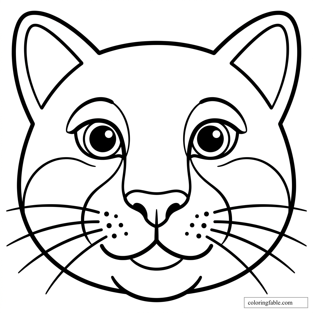 Bold easy coloring page of a cat face with large eyes, tall ears, whiskers, and dotted cheeks.