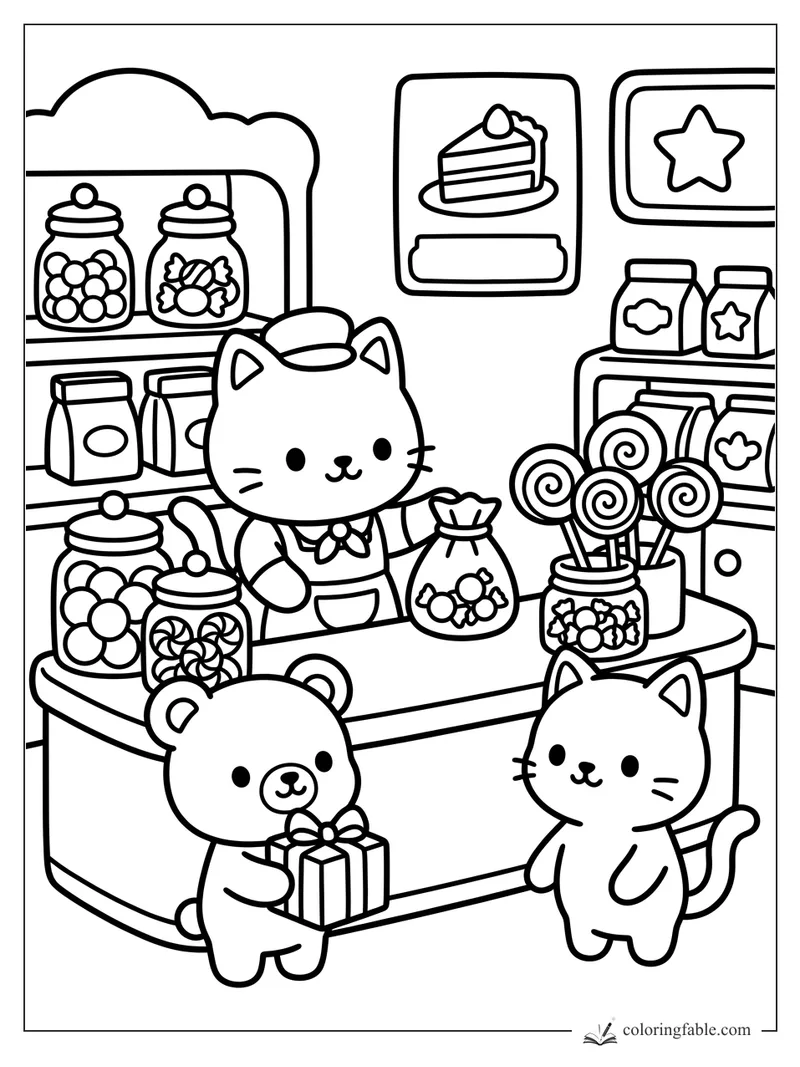 Cozy candy shop coloring page with cat clerk, bear customer, jars, lollipops, and a wrapped gift