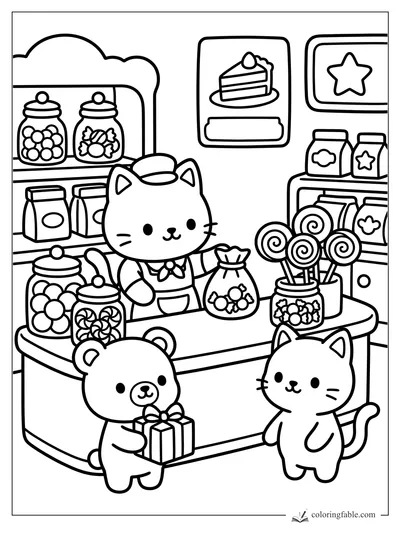 Cozy candy shop coloring page with cat clerk, bear customer, jars, lollipops, and a wrapped gift