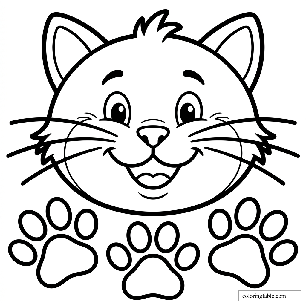 Smiling cartoon cat face with big ears, whiskers, and three paw prints to color.