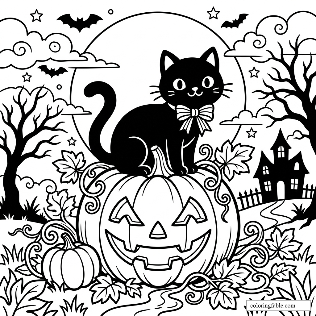 Cartoon black cat with bow sitting on a jack-o’-lantern under a full moon, bats, stars, and haunted house.