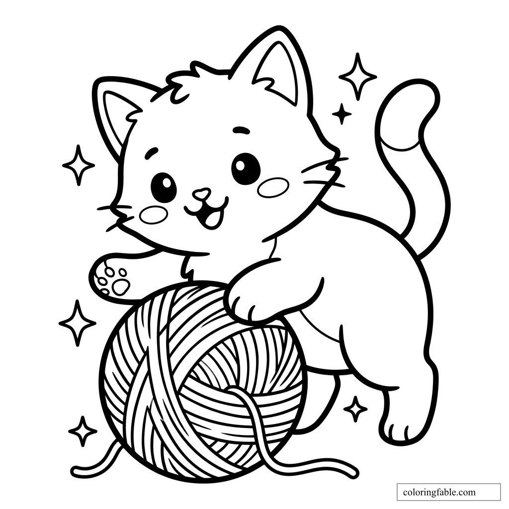 Kawaii cat coloring page with a smiling kitten climbing on a striped ball of yarn and sparkles.