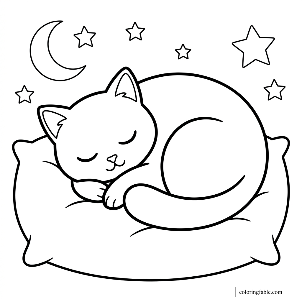 Cartoon sleeping cat curled on a pillow with crescent moon and stars coloring page