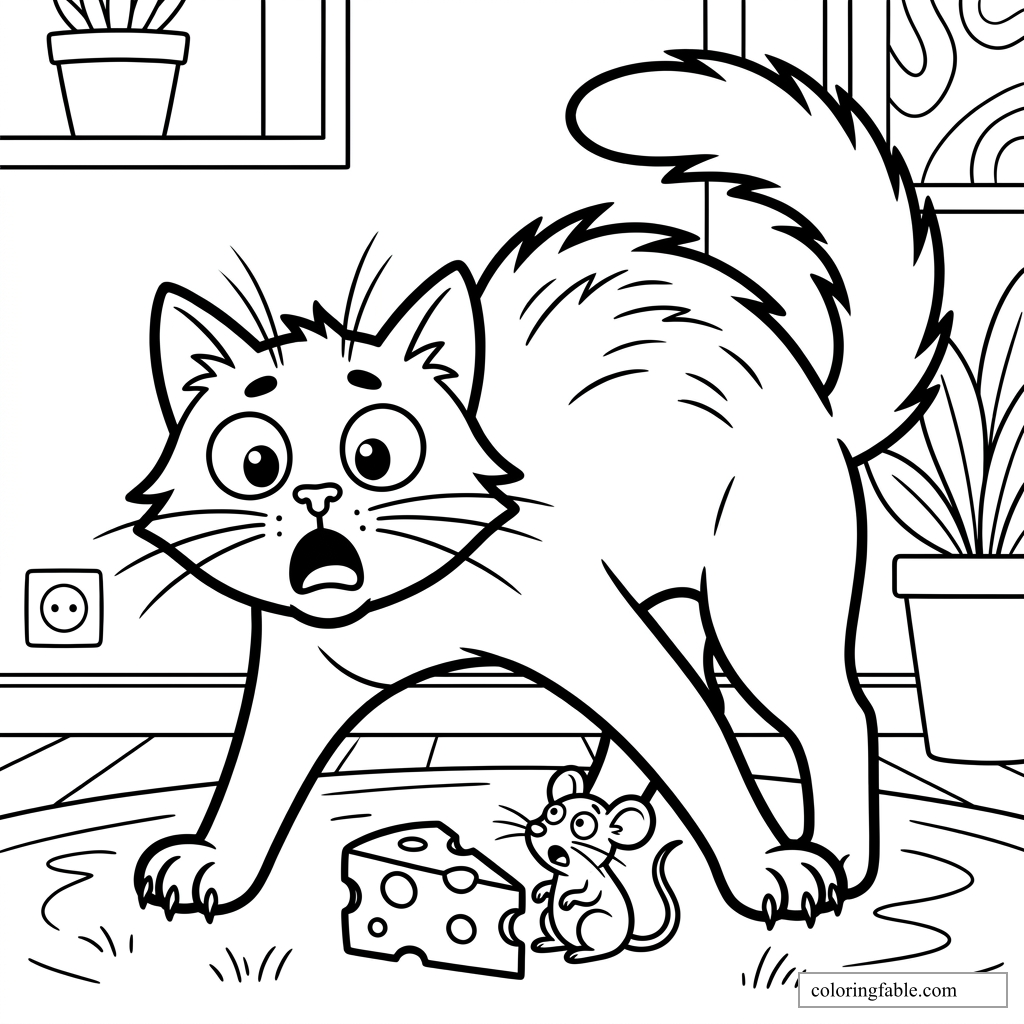 Bold easy coloring page of a startled cat arching over a mouse beside a wedge of cheese indoors.