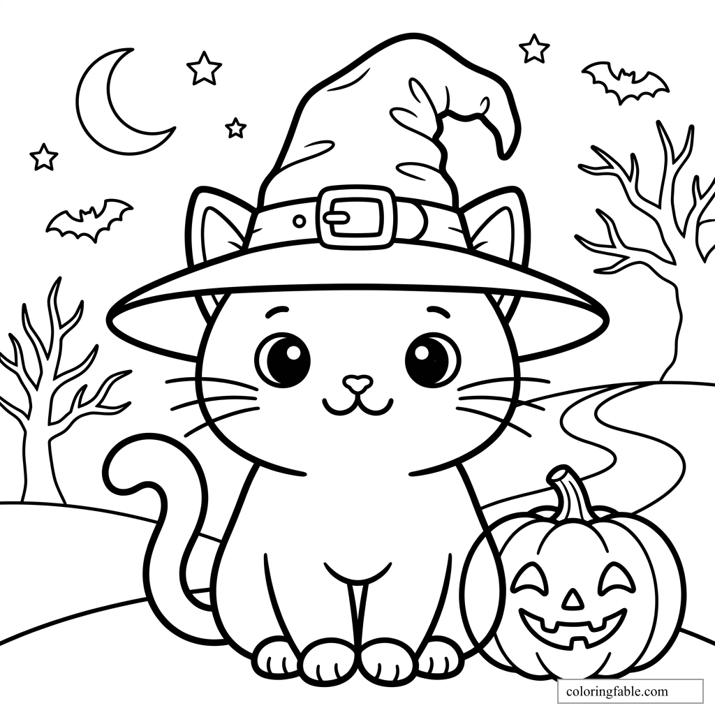 Kawaii cat in a witch hat beside a jack-o'-lantern, bats, crescent moon, stars, and spooky trees.